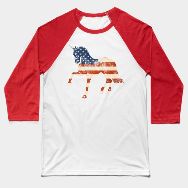 American Unicorn Distressed USA Flag Patriotic Baseball T-Shirt by Ligret